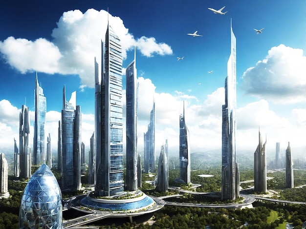 A digital artwork depicting a futuristic cityscape with towering skyscrapers