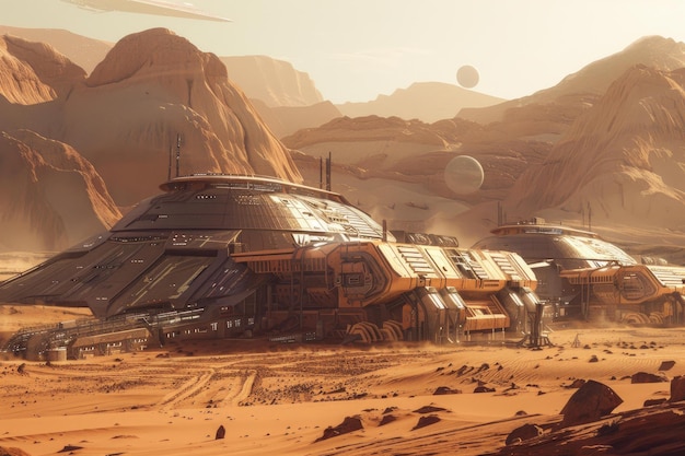 Digital artwork depicting a serene scifi martian base with spaceships and distant planets