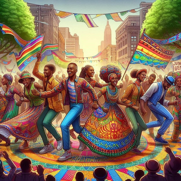 A digital artwork depicting a vibrant and joyful Juneteenth celebration