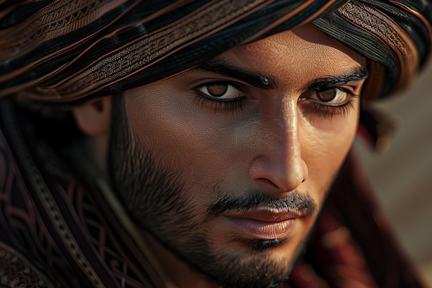 Digital artwork of dubai man wearing a turban with black and brown stripes