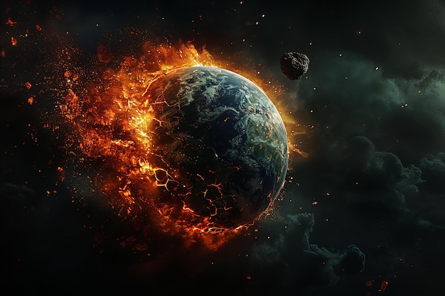 Digital artwork of the earth being destroyed by an asteroid dark background planet earth with expl