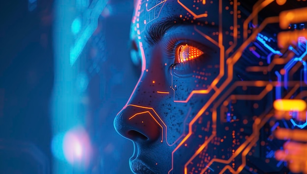 A digital artwork featuring an AI robot head with circuitry and glowing lights