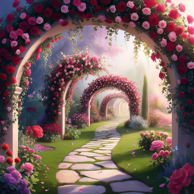 Digital Artwork of a Floral Archway Garden Ai generated