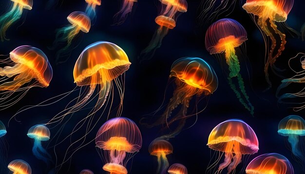 Photo a digital artwork of glowing jellyfishes on a dark background