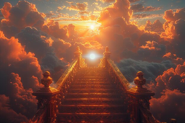 Digital artwork of golden bridge leading to the sky with clouds and sun in the background orange