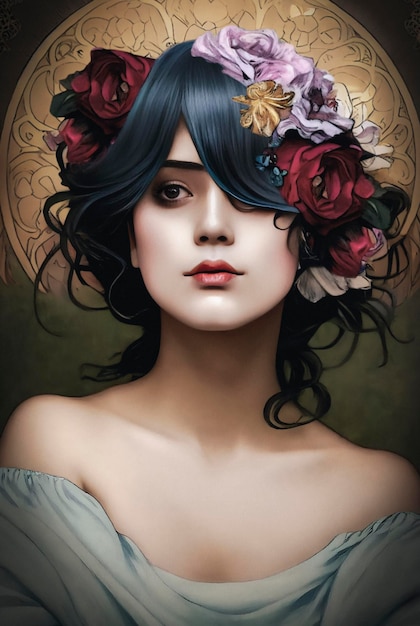 Digital artwork of a gorgeous young Art Nouveau woman with blooming flowers in blue hair Divine background 3D illustration