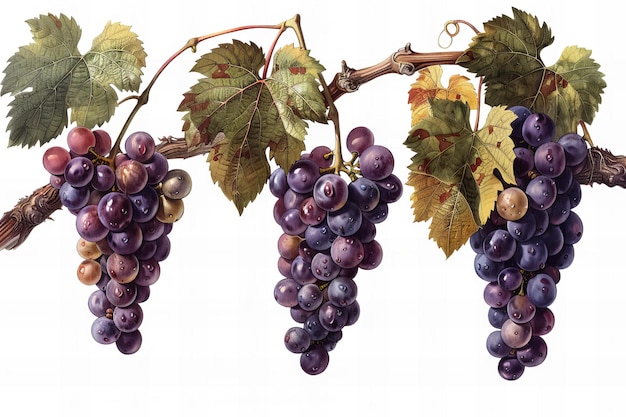 Digital artwork of grape bunches hanging from a vine isolated on a white background a clipart cuto