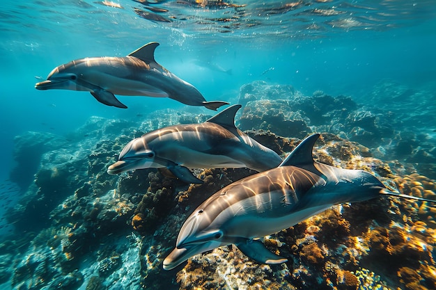 Digital artwork of group of dolphins swimming in the ocean near rocks and under water