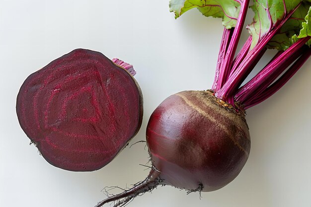 Digital artwork of half of a beet and one whole beet shown on the white background