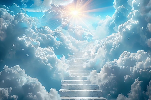 Digital artwork of heaven clouds and stairway to heaven in blue sky with angel wings on background