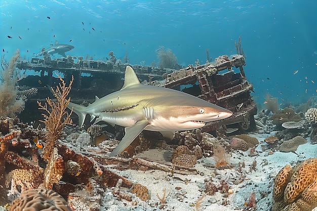 Digital artwork of large shark swimming near reef structure high quality high resolution