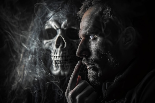 Digital artwork of man with his finger to the mouth in silence behind him is an eerie skull face i