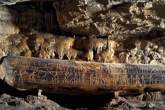 Digital artwork of the petroglyphs of the utah cave filled with intricate symbols and figures repre