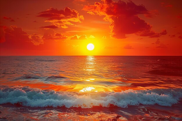 Digital artwork of red sunset over the sea with yellow sun on horizon beautiful landscape backgroun