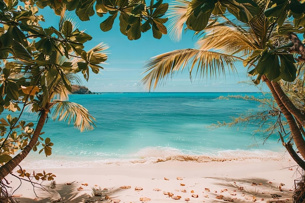 Digital artwork of sand beach with palm tree leaves on a turquoise background