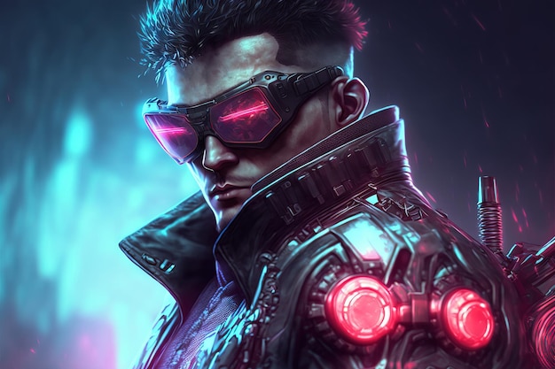 Digital artwork of scifi cyberpunk gangster character wearing futuristic glasses