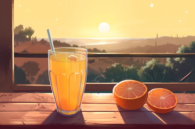 A digital artwork showcases a glass of freshly squeezed orange juice Generative AI