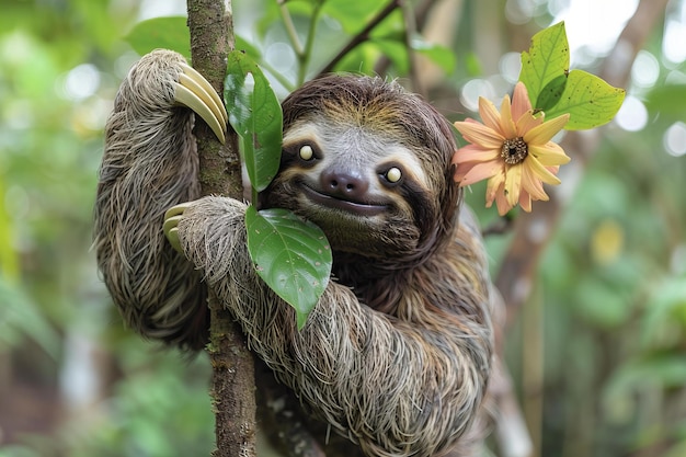 Digital artwork of sloth hanging from the branch of an tree in its natural habitat national geogra