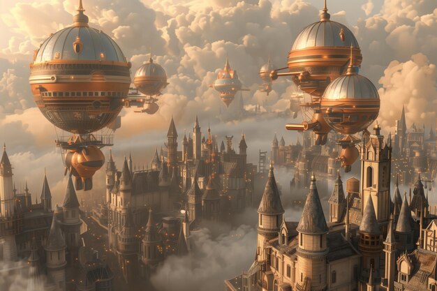 Digital artwork of a steampunk cityscape with flying airships among clouds at golden hour