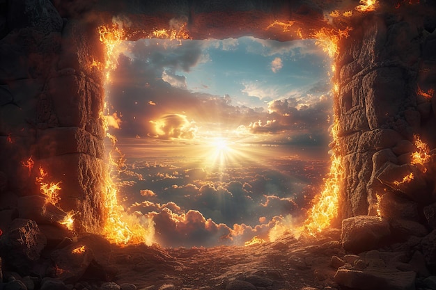 Digital artwork of the stone tomb of jesus with the burning fire in front and behind it looking out