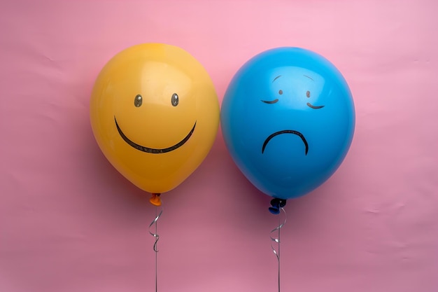 Digital artwork of two balloons one yellow with smiley face and the other blue sad on solid backgro