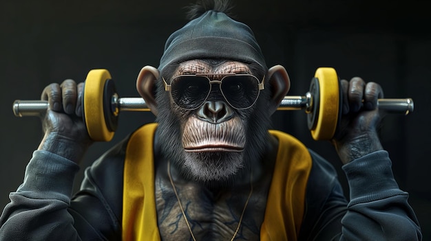 Digital artwork of a unique fictional anthropomorphic monkey lifting weights in a gym for a powerful workout and fitness training illustration