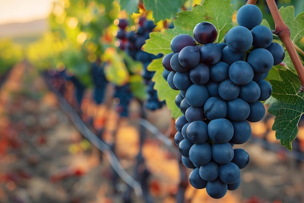 Digital artwork of vineyard with grapes red grapes hanging on the vine closeup of purple wine grap