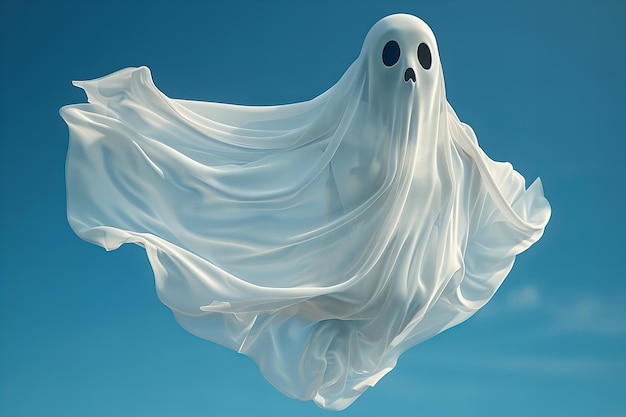 Digital artwork of white sheet ghost floating in blue background copy space concept