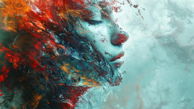 Photo a digital artwork of a womans profile with an abstract colorful dispersion effect blending her