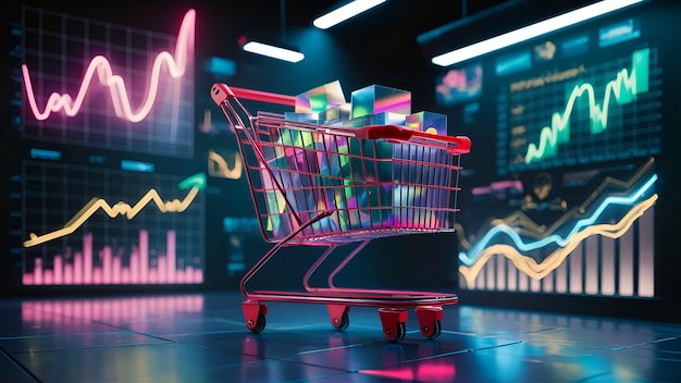 Photo digital background futuristic e commerce metrics with shopping cart for online retail analytics