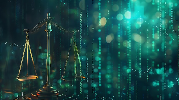 Digital background with scales of justice and binary code