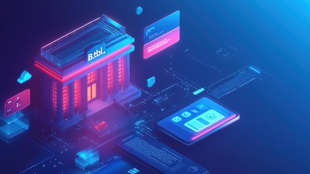 Photo digital banking a futuristic vision of banking a 3d model bank building with glowing neon sign and a smartphone interface