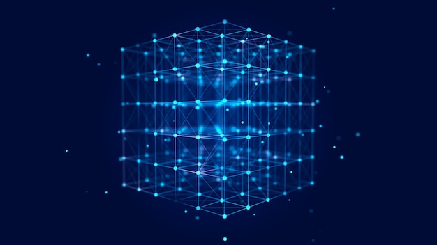 Digital blockchain concept Data storage in separate cells Abstract background with dots and connection lines 3D rendering