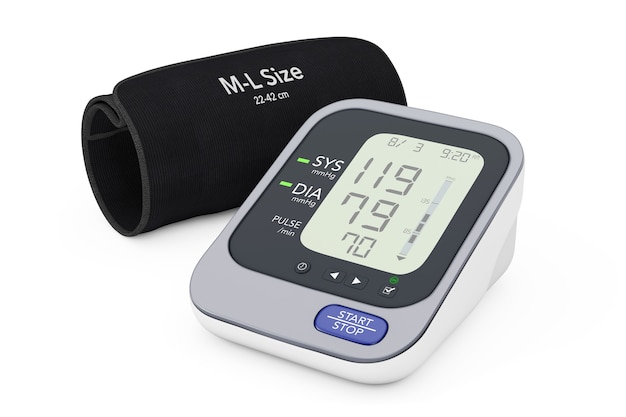 Digital Blood Pressure Monitor with Cuff on a white background. 3d Rendering.