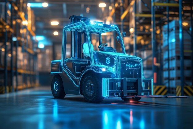 Photo digital blue forklift demonstrating ai optimization in warehouse for enhanced inventory control