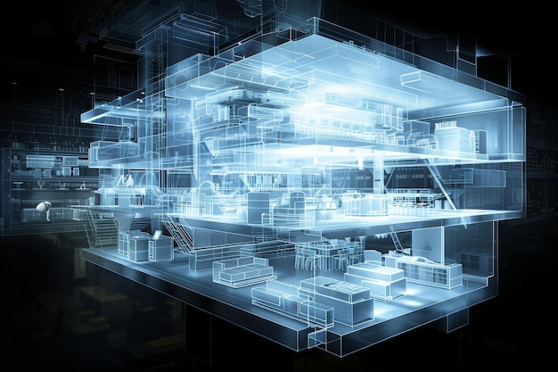 Photo digital blueprint of a modern building illustrating advanced architectural planning and design tech