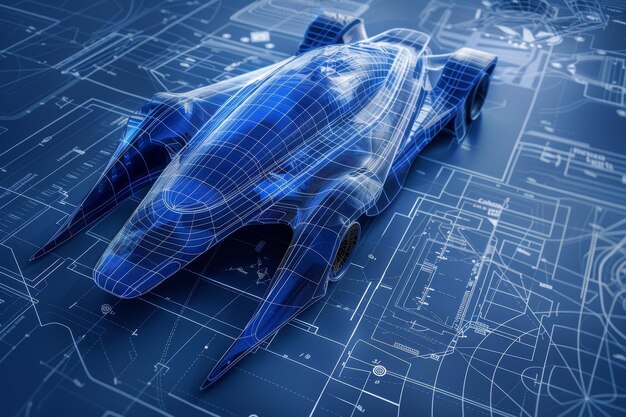 Photo a digital blueprint rendering of a sleek and innovative prototype sports car a blueprint rendering of a sleek and innovative product design