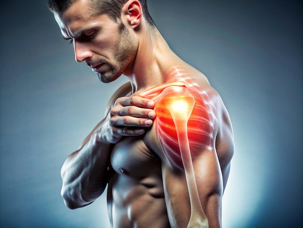 Digital bone on the human shoulder Man suffering Injury caused by training Tendon problems Panora