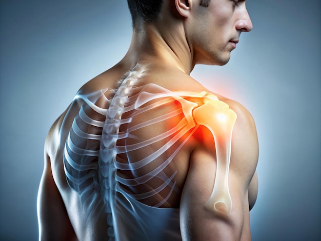 Digital bone on the human shoulder Man suffering Injury caused by training Tendon problems Panora