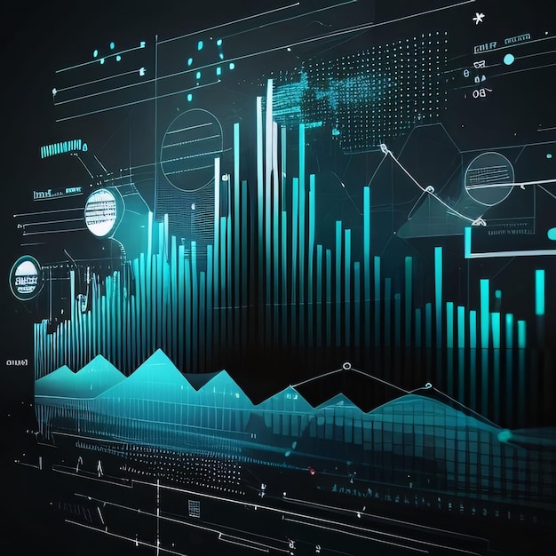 Digital business interface with graphs and diagrams on dark background 3D Rendering