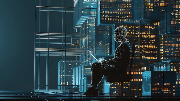 Digital Businessman Working on a Laptop in a Futuristic Cityscape