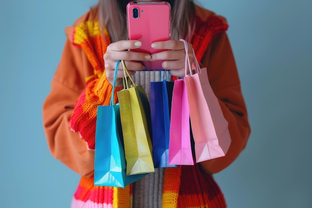 Photo digital buyer customer engaging in social media shopping via mobile phone fusion of social networking with ecommerce emphasizing ease accessibility contemporary shopping landscape