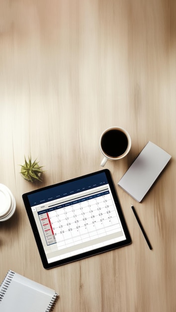 Photo digital calendar on a tablet displaying online bookings managing schedules remotely hybrid work setup