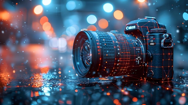 Digital Camera Illustration with Red Lights and Blue Bokeh