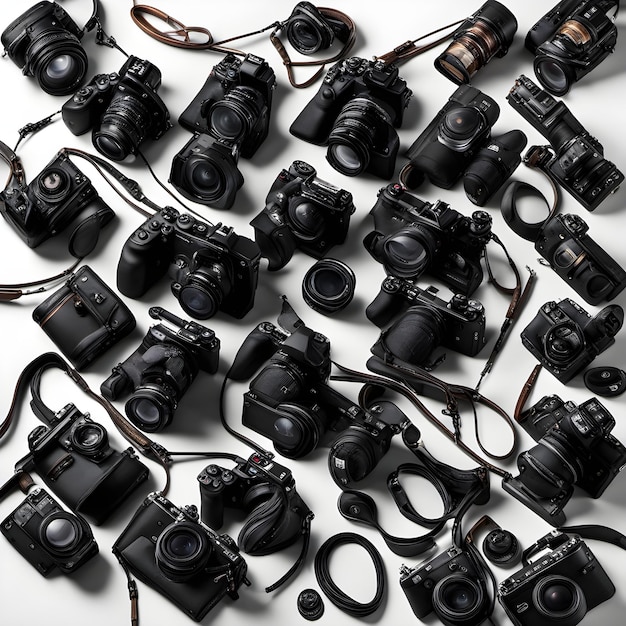 Digital camera and lens collection in a creative way to celebrate world photography day background