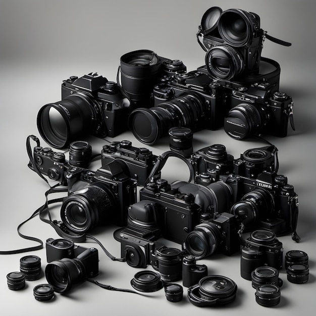 Digital camera and lens collection in a creative way to celebrate world photography day background