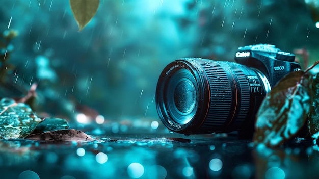 Digital camera in the rain with blur background