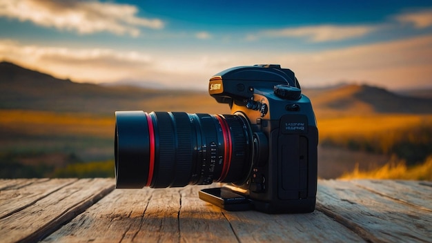 a digital camera sits on a wooden table in front of a sunset background