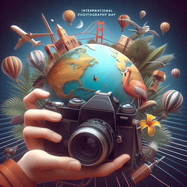 Photo a digital camera with a picture of a world map and a person holding a camera