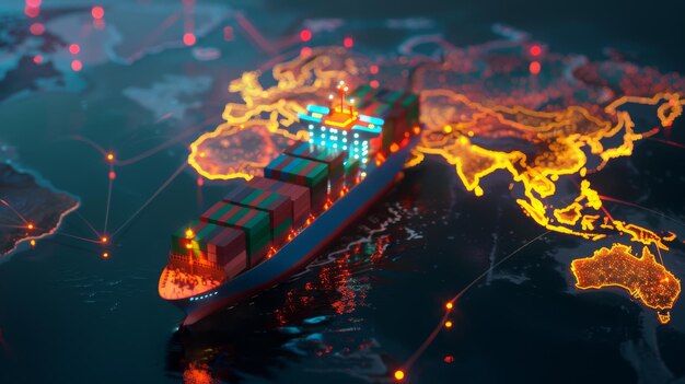 Photo a digital cargo ship glows with vibrant lights showcasing its journey across an illuminated global map symbolizing modern logistics and commerce